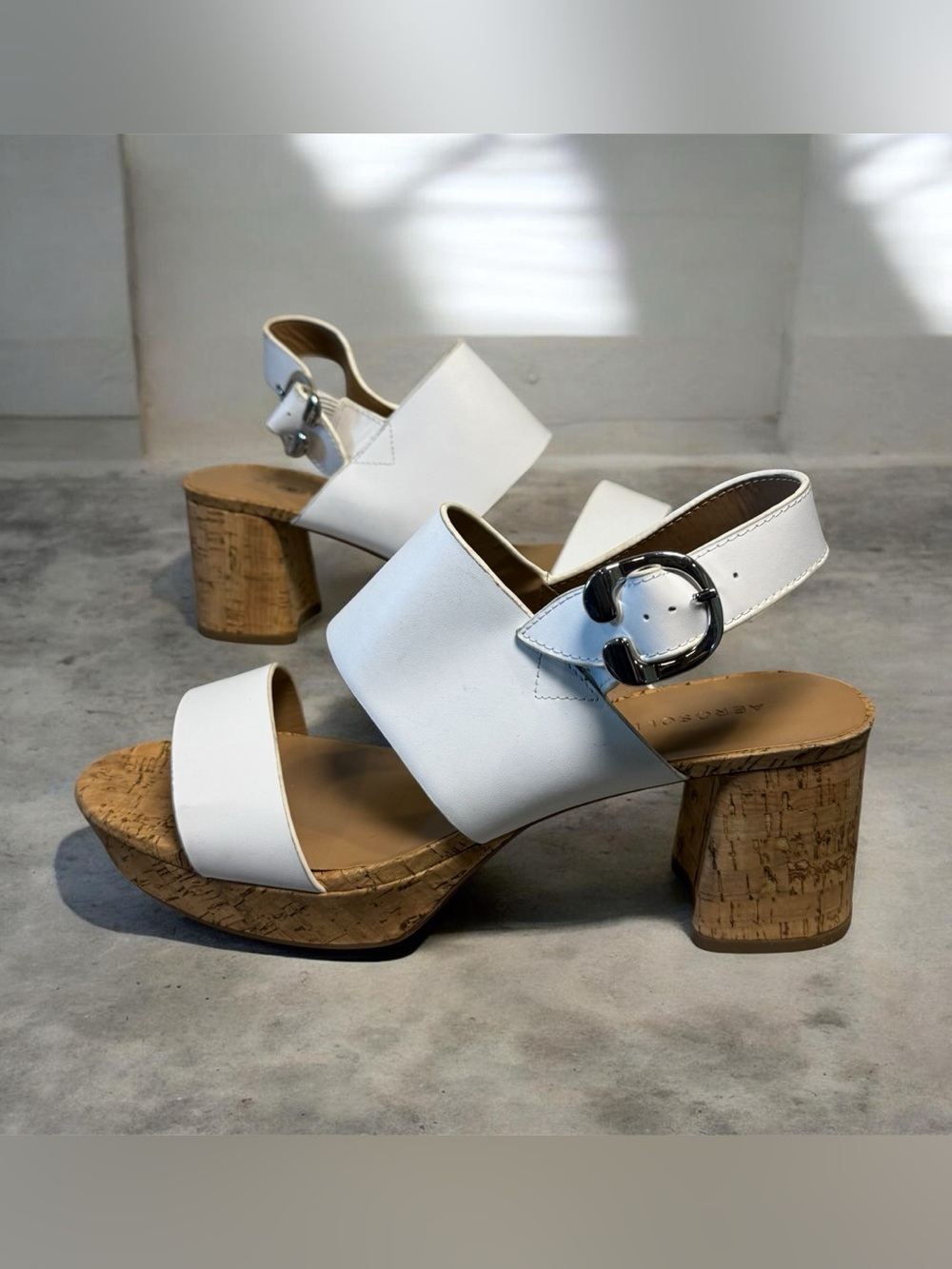 Aerosoles White Cork leather Block Heel Sandals with Silver Buckle, size 11,NWOT